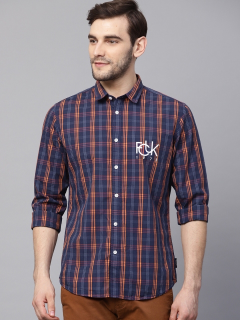 

French Connection Men Navy Blue & Orange Regular Fit Checked Casual Shirt