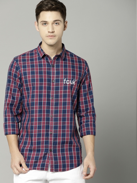 

French Connection Men Navy Blue & Red Boyfriend Regular Fit Checked Casual Shirt