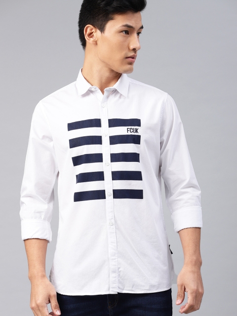 

French Connection Men White & Navy Blue Regular Fit Striped Casual Shirt