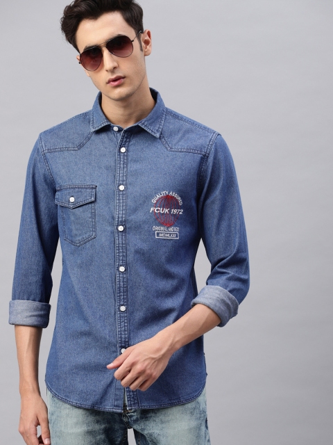 

French Connection Men Blue Regular Fit Embroidered Denim Casual Shirt