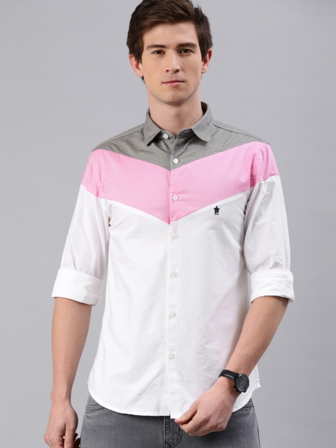 

French Connection Men White & Pink Regular Fit Colourblocked Casual Shirt