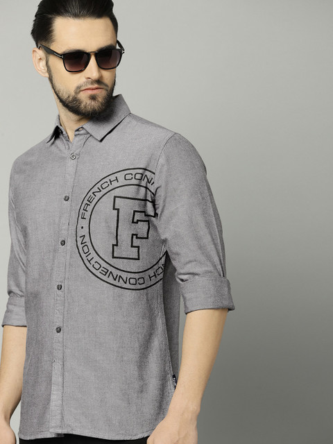 

French Connection Men Grey Regular Fit Printed Casual Shirt