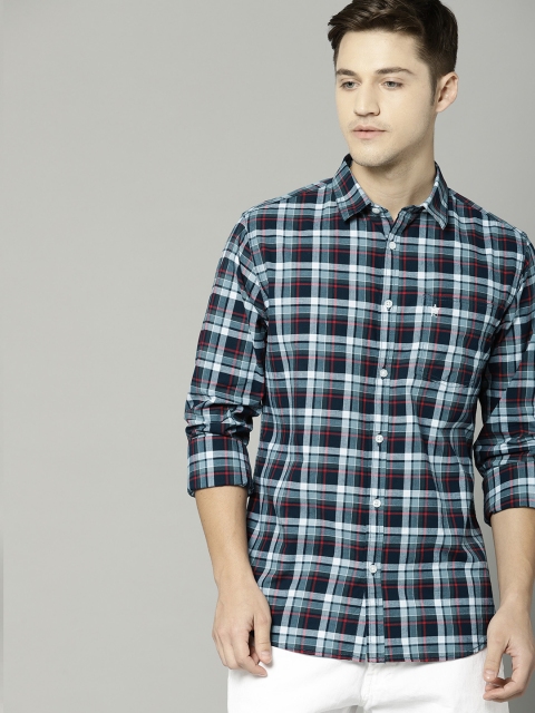 

French Connection Men Navy Blue, Black & White Regular Fit Checked Casual Shirt
