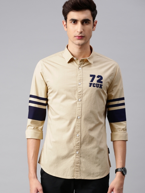 

French Connection Men Beige Solid Casual Shirt