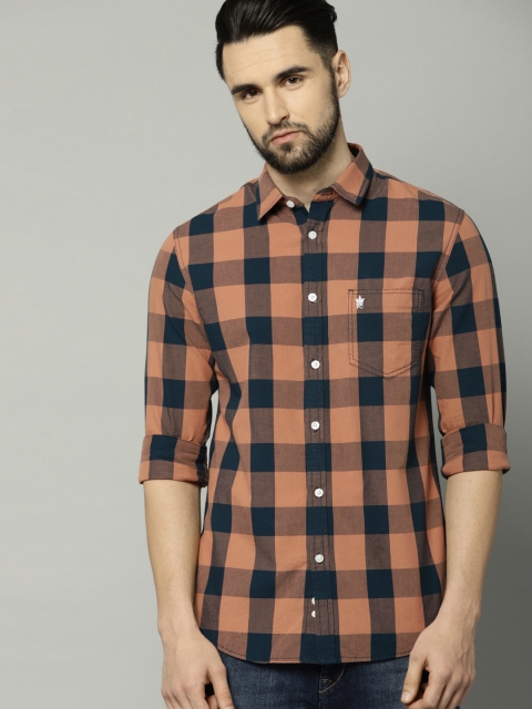 

French Connection Men Rust Orange & Navy Blue Checked Casual Shirt