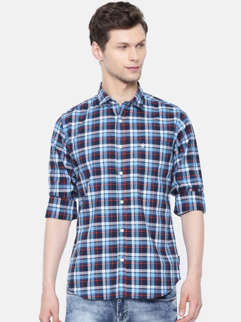 

French Connection Men Navy Blue & Red Regular Fit Checked Casual Shirt