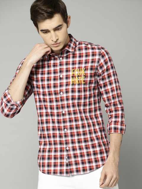 

French Connection Men Red & Blue Regular Fit Checked Casual Shirt