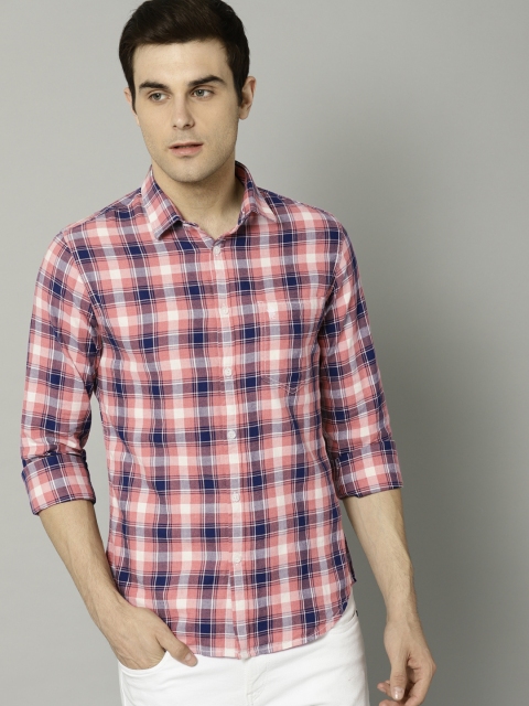 

French Connection Men Coral Pink & Navy Blue Checked Casual Shirt