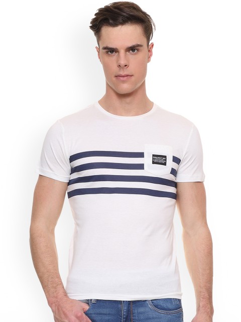 

People Men White Striped Round Neck T-shirt