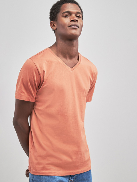 

next Men Orange Solid V-Neck T-shirt