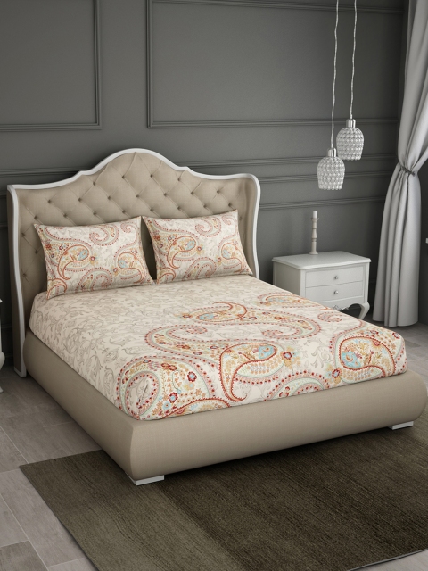 

SPACES Cream-Coloured Abstract Flat 210 TC Cotton 1 Large Bedsheet with 2 Pillow Covers