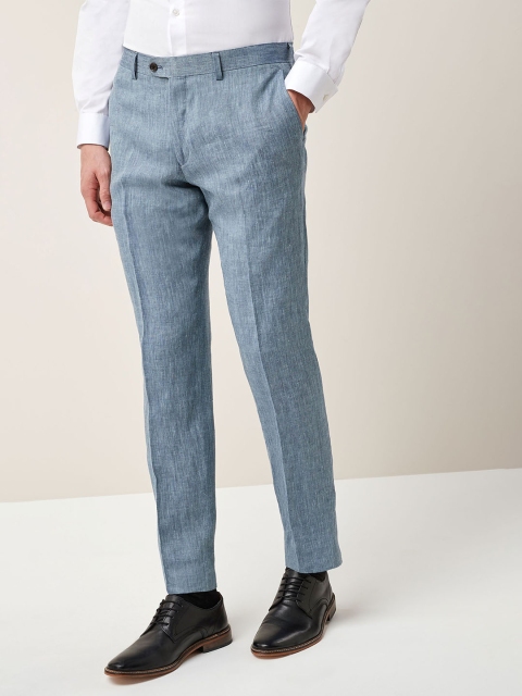 

next Men Blue Slim Fit Solid Formal Trousers