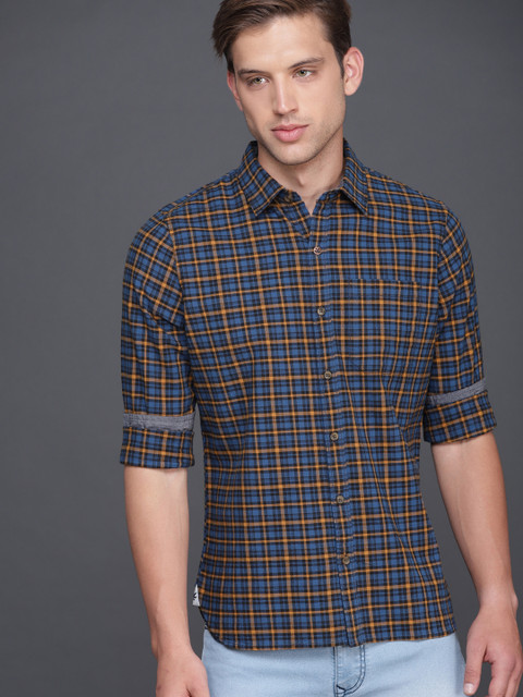 

WROGN Men Blue & Mustard Yellow Slim Fit Checked Casual Shirt