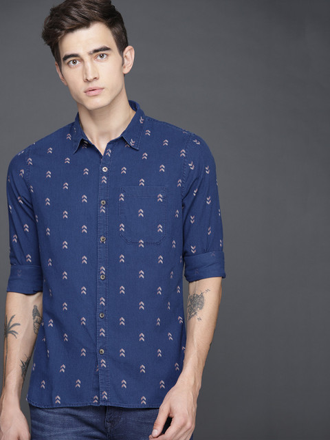 

WROGN Men Navy Slim Fit Printed Casual Shirt, Navy blue