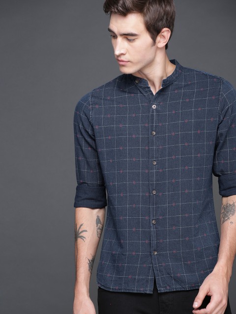 

WROGN Men Navy Blue Slim Fit Checked Casual Shirt