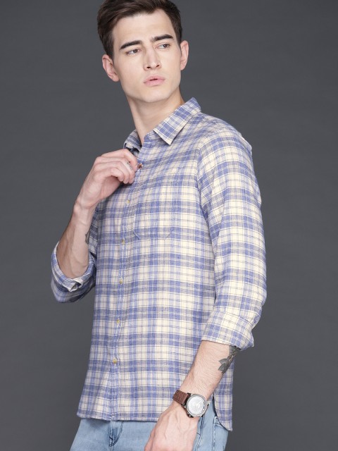 

WROGN Men Blue & Beige Slim Fit Checked Casual Shirt