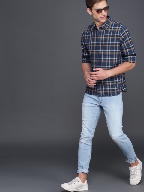 

WROGN Men Blue & Brown Slim Fit Checked Casual Shirt