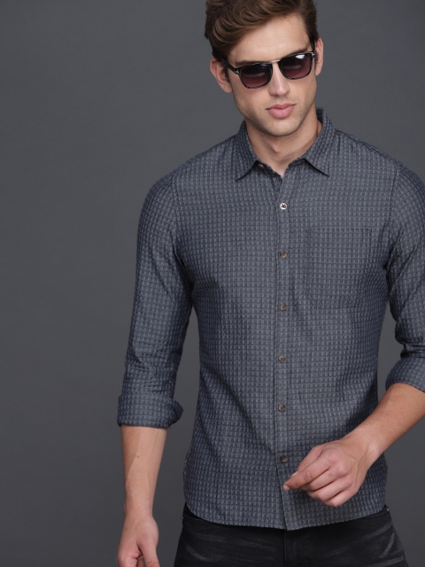 

WROGN Men Navy Blue Slim Fit Self Design Casual Shirt