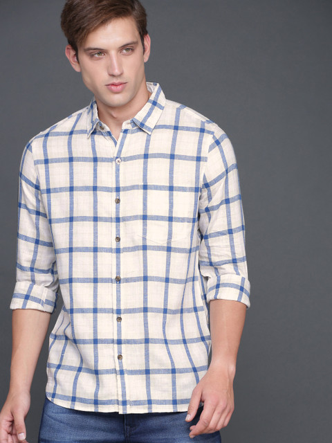

WROGN Men Beige & Blue Regular Fit Checked Casual Shirt
