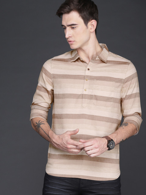 

WROGN Men Beige Slim Fit Striped Casual Shirt