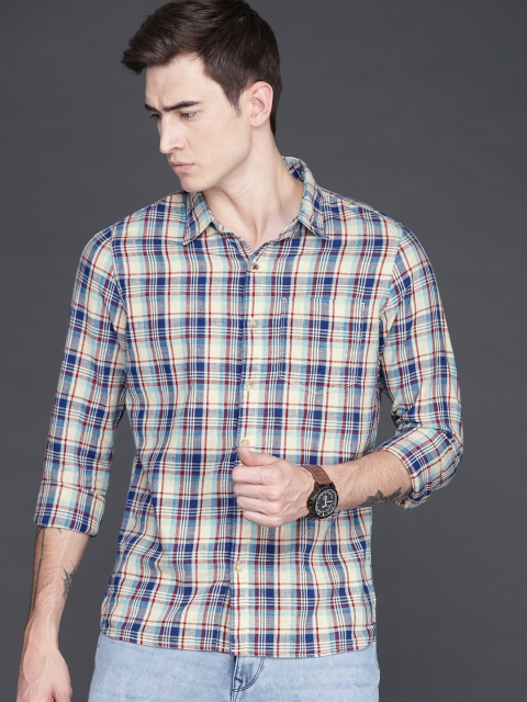 

WROGN Men Navy Blue & Beige Slim Fit Checked Casual Shirt