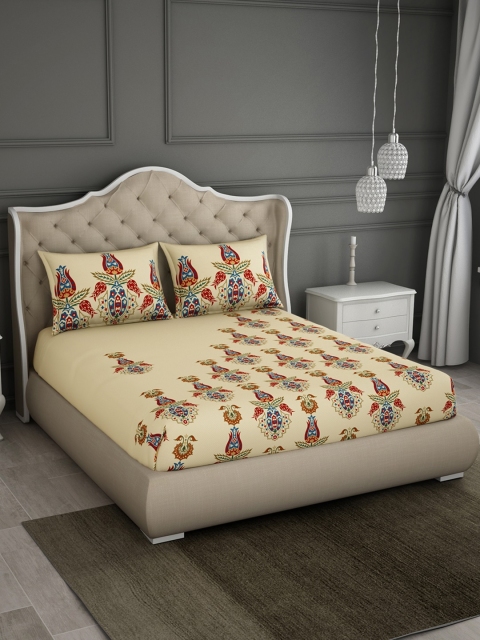 

SPACES Beige Abstract Flat 210 TC Cotton 1 King Bedsheet with 2 Pillow Covers
