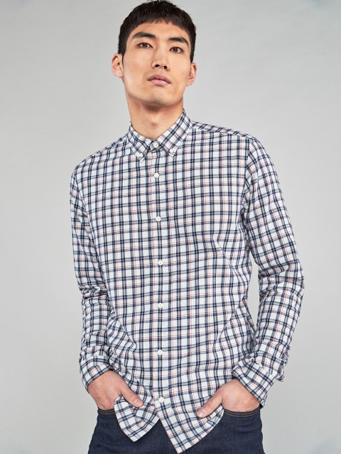 

next Men White & Blue Regular Fit Checked Casual Shirt