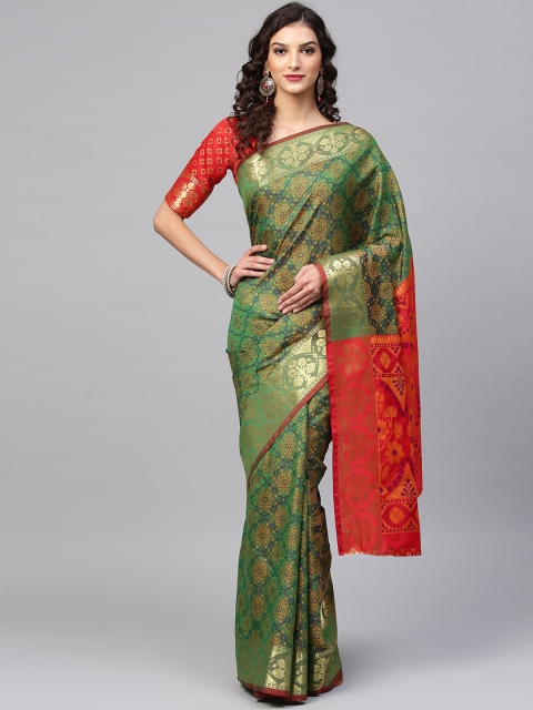 

Saree mall Green & Golden Silk Blend Woven Design Banarasi Saree