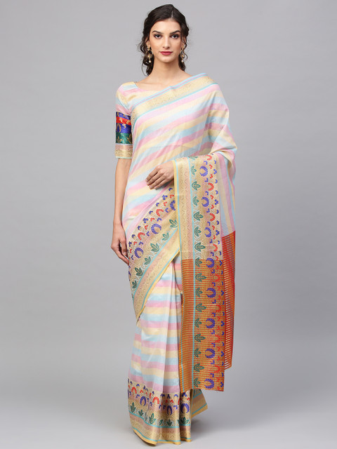 

Saree mall Yellow & Pink Striped Banarasi Saree