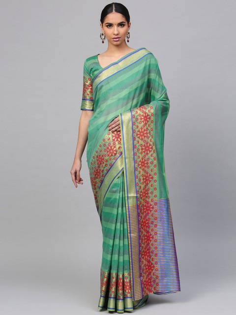 

Saree mall Green & Red Striped Banarasi Saree