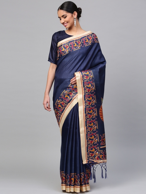 

Saree mall Navy Blue Solid Bhagalpuri Saree