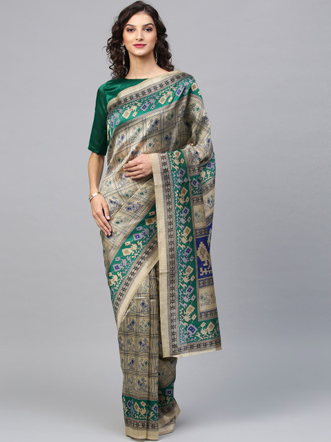 

Saree mall Beige & Green Printed Bhagalpuri Saree
