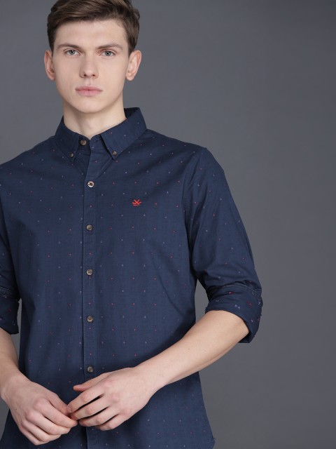 

WROGN Men Navy Blue Regular Fit Self Design Casual Shirt