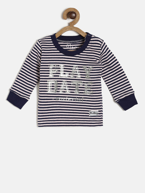 

Gini and Jony Boys Navy Blue & Peach-Coloured Striped Round Neck T-shirt