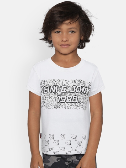 

Gini and Jony Boys White Black Printed Round Neck Pure Cotton T-shirt