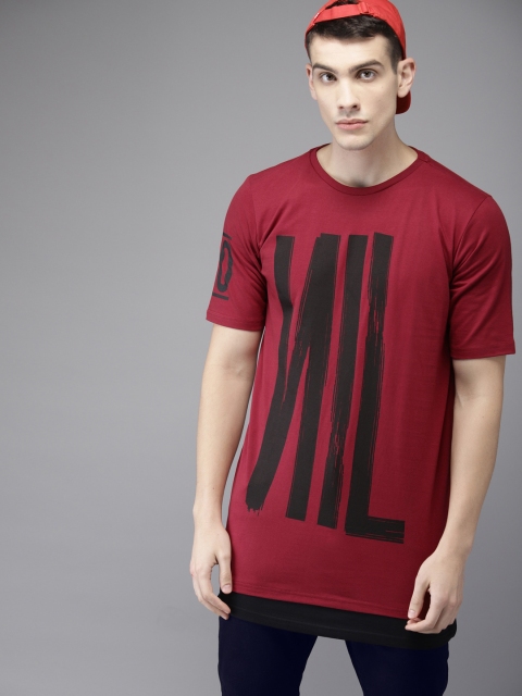 

Moda Rapido Men Maroon Printed Round Neck Longline T-shirt