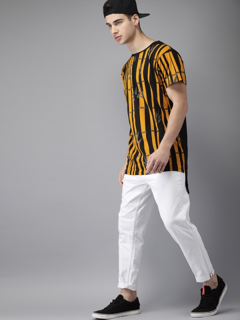 

Moda Rapido Men Mustard Yellow Black Striped Round Neck Pure Cotton T-shirt