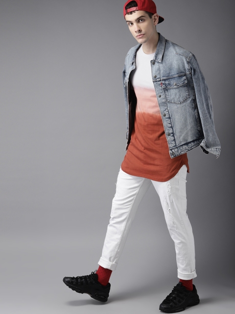 

Moda Rapido Men White & Rust OrangeDyed Round Neck Longline T-shirt