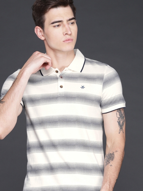 

WROGN Men Navy Blue & Off-White Striped Polo Collar T-shirt, Cream