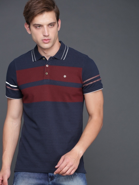 

WROGN Men Navy Blue Striped Polo Collar T-shirt