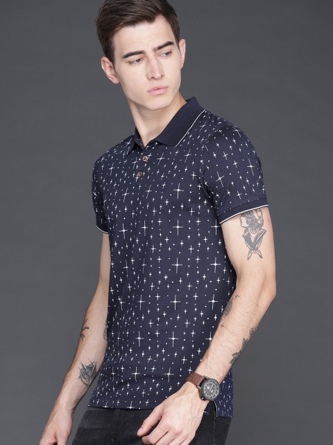 

WROGN Men Navy Blue Printed Polo Collar T-shirt