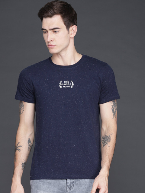 

WROGN Men Navy Blue Printed Slim Fit Round Neck T-shirt