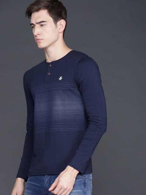 

WROGN Men Navy Blue Striped Henley Neck T-shirt