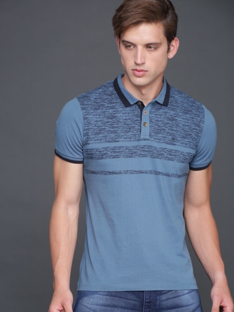 

WROGN Men Blue Self Design Polo Collar T-shirt