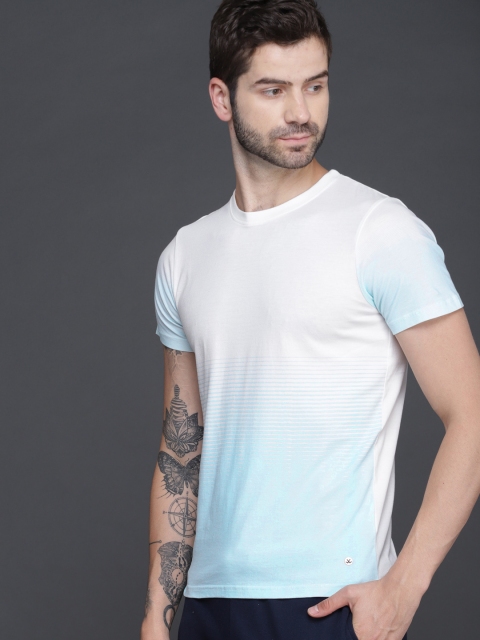 

WROGN Men White & Blue Striped Round Neck Dyed T-shirt