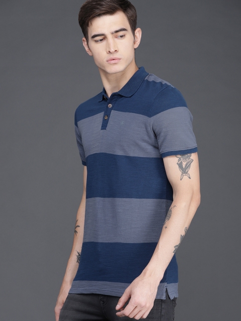 

WROGN Men Blue Striped Polo Collar T-shirt
