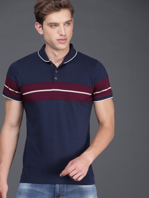

WROGN Men Navy Blue Striped Polo Collar T-shirt