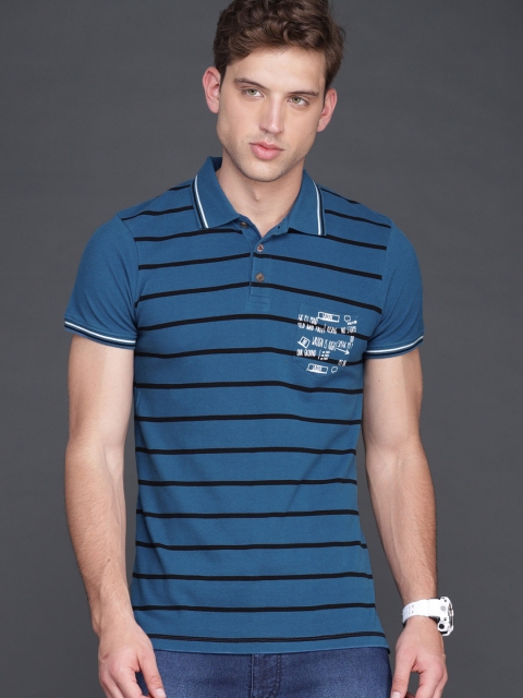 

WROGN Men Blue & Black Striped Polo Collar T-shirt