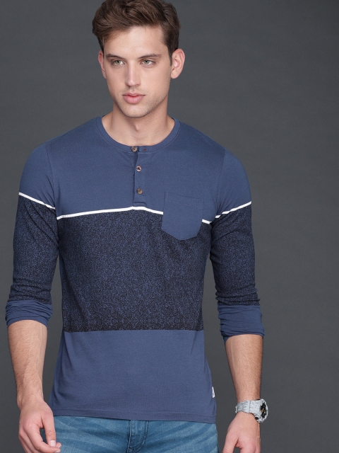 

WROGN Men Navy Blue Printed Henley Neck T-shirt