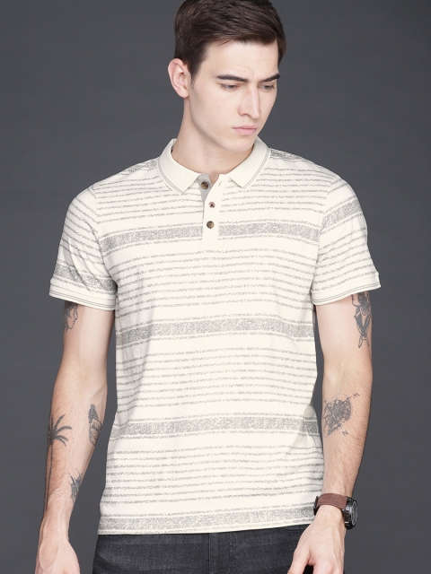 

WROGN Men White Striped Polo Collar T-shirt